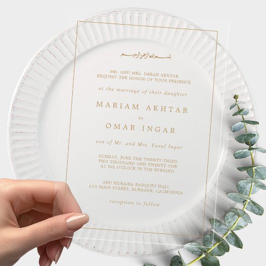 Elegant Minimalist Border Gold Muslim Wedding Acryl Uitnodigingen