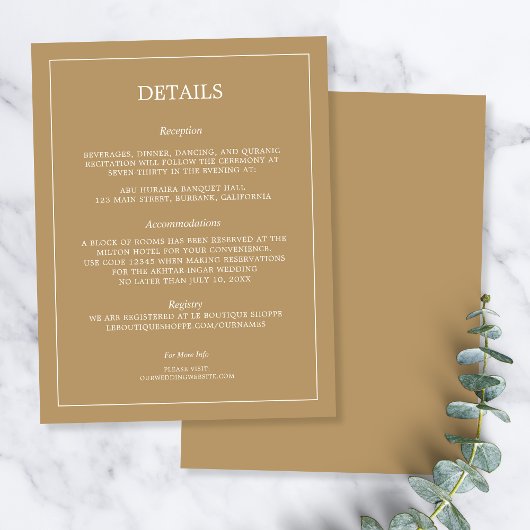 Elegant Minimalist Border Gold Wedding Details Informatiekaartje