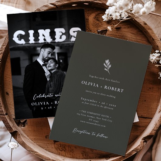 Elegant Minimalist Botanical Photo Wedding Kaart