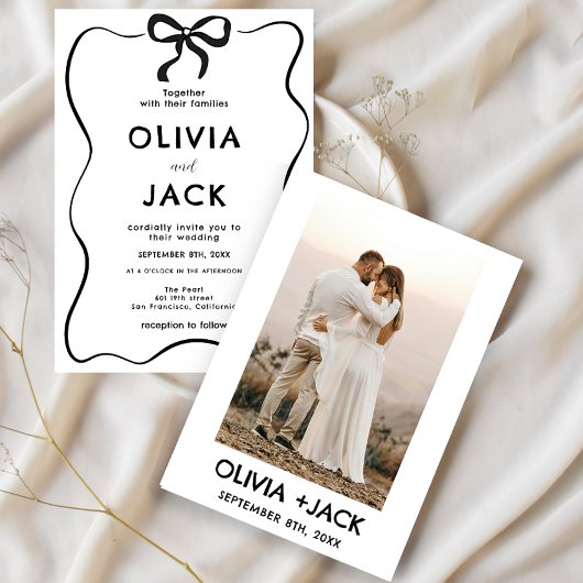 Elegant Minimalist Bow Hand Drawing Photo Wedding Kaart