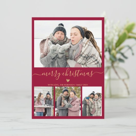 Elegant minimalist Burgundy Gold 4 Fotokerstfeest Feestdagenkaart (Staand voorkant)