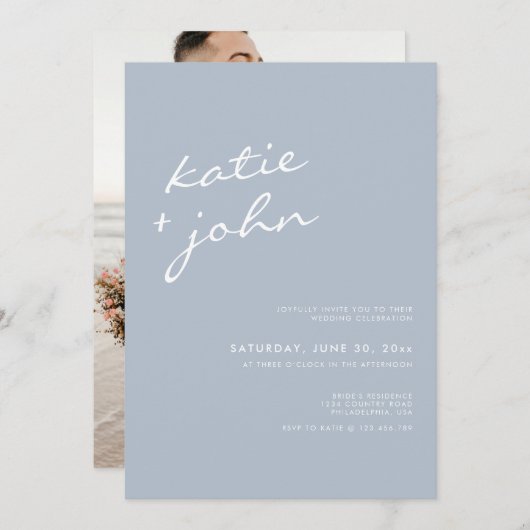 Elegant minimalist Calligraphy Dusty Blue Wedding Kaart (Voorkant / Achterkant)