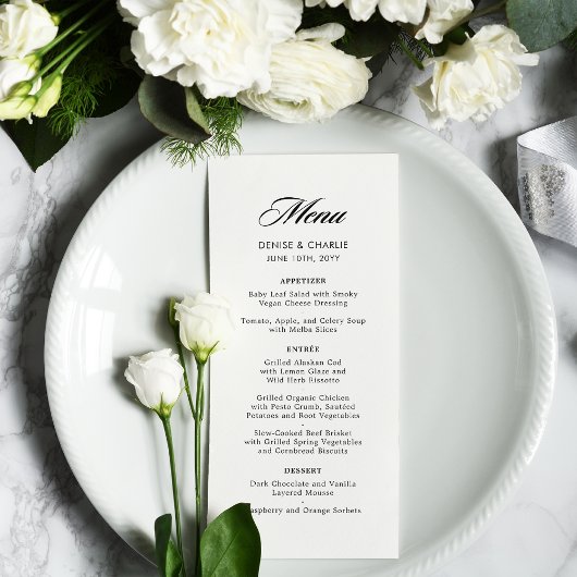 Elegant minimalist Calligraphy White Wedding Menu