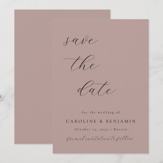 Elegant Minimalist Dusty Mauve Calligraphy Wedding Save The Date (Voorkant / Achterkant)