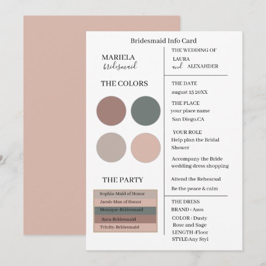 Elegant Minimalist Dusty Roos and Sage Bridesmaid Kaart (Voorkant / Achterkant)