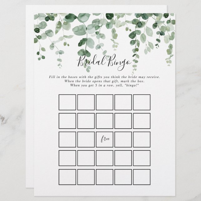 Elegant minimalist Eucalyptus Bridal Bingo Game (Voorkant / Achterkant)