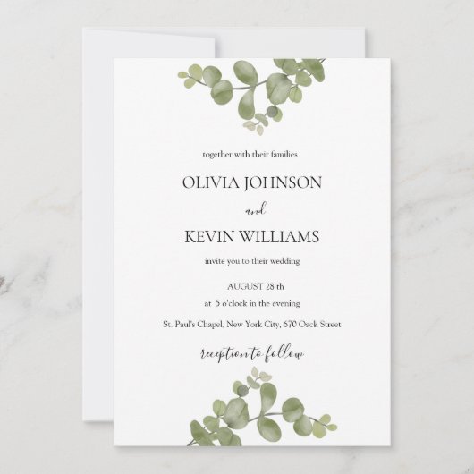Elegant Minimalist Eucalyptus Wedding Invitation Kaart (Voorkant)