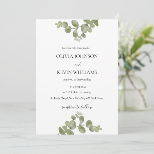 Elegant Minimalist Eucalyptus Wedding Invitation Kaart (Staand voorkant)
