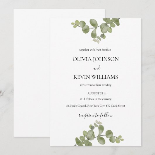 Elegant Minimalist Eucalyptus Wedding Invitation Kaart (Voorkant / Achterkant)
