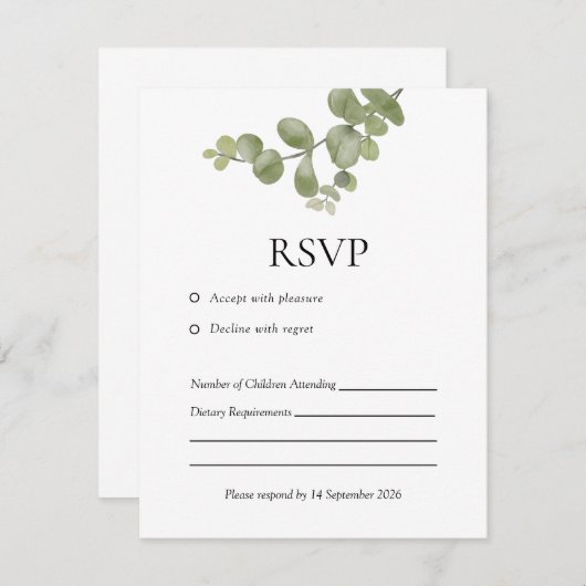 Elegant Minimalist Eucalyptus Wedding RSVP Card (Voorkant / Achterkant)