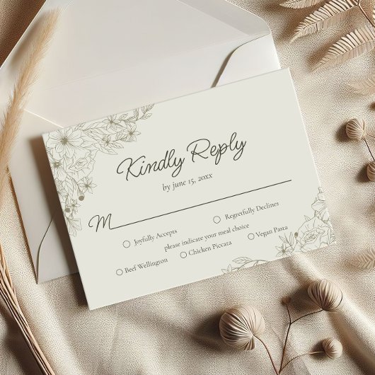 Elegant Minimalist Floral Kindly Reply Wedding RSVP Kaartje