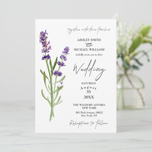 Elegant minimalist Floral Lavender Wedding Kaart (Staand voorkant)