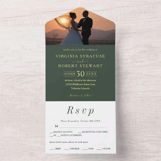 Elegant minimalist Foto Royal Green Wedding All In One Uitnodiging (Binnen)