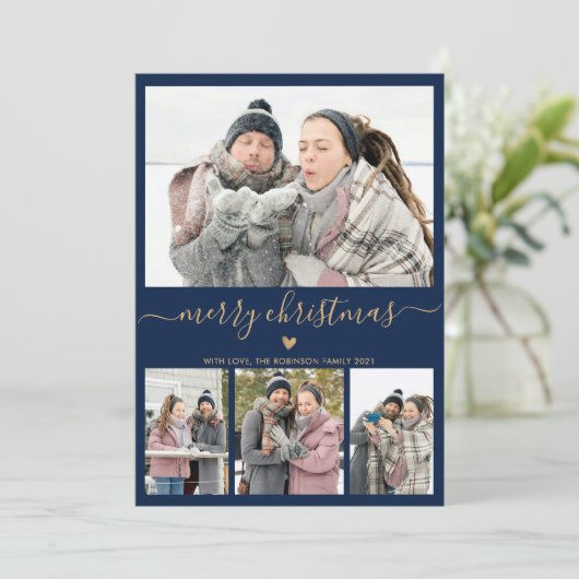 Elegant Minimalist Gold en Navy 4 Foto met Kerstmi Feestdagenkaart (Staand voorkant)