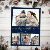 Elegant Minimalist Gold en Navy 4 Foto met Kerstmi Feestdagenkaart