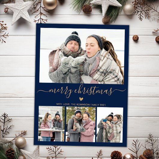 Elegant Minimalist Gold en Navy 4 Foto met Kerstmi Feestdagenkaart