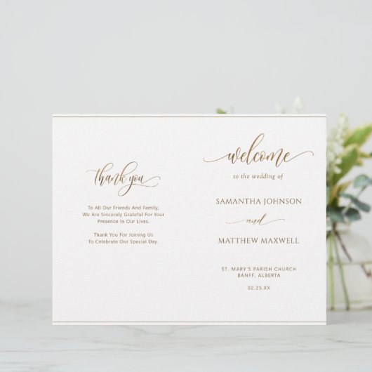 Elegant minimalist, Gold Folded Wedding Program (Staand voorkant)