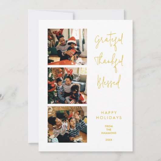 Elegant Minimalist Gold Script 3 Multi Photos Feestdagenkaart (Voorkant)