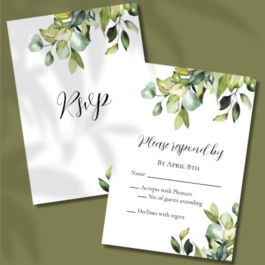 Elegant minimalist Green Botanicals Wedding RSVP Kaartje