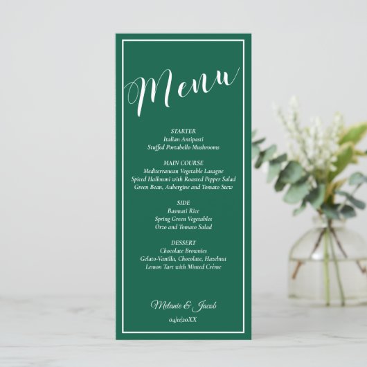 Elegant Minimalist Green Wedding Flat Menu Card (Staand voorkant)