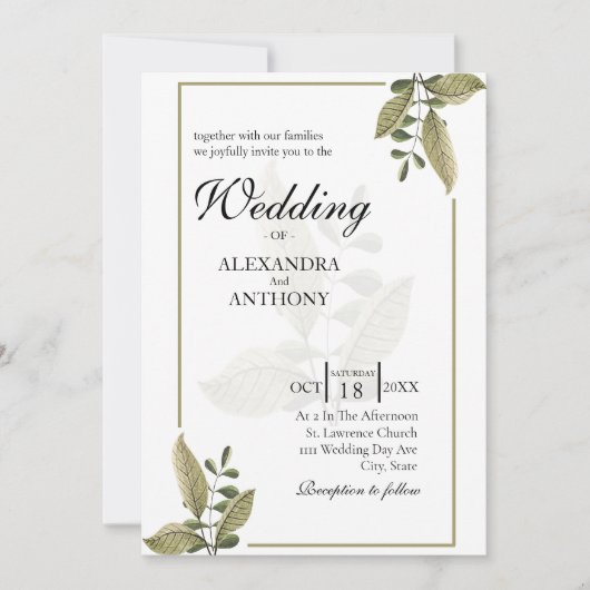 Elegant Minimalist Greenery Wedding Invitation Kaart (Voorkant)