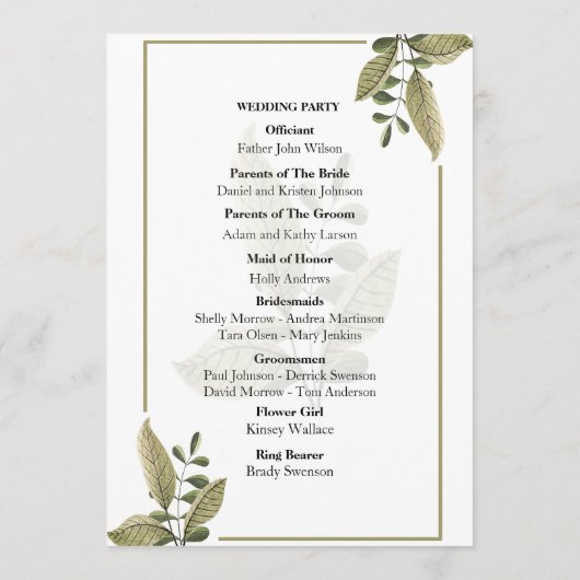 Elegant Minimalist Greenery Wedding Program Programmakaart (Achterkant)