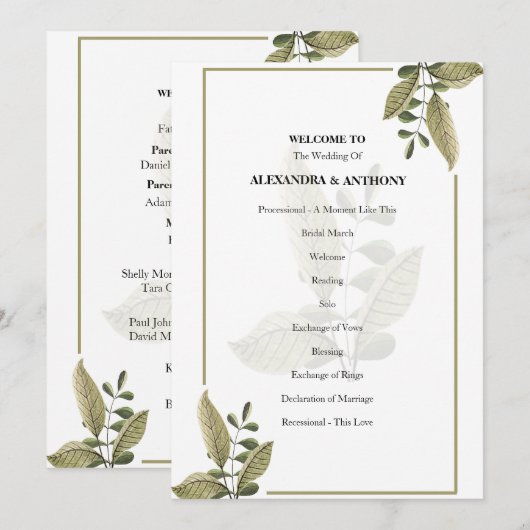Elegant Minimalist Greenery Wedding Program Programmakaart (Voorkant / Achterkant)