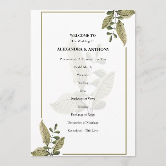 Elegant Minimalist Greenery Wedding Program Programmakaart (Voorkant)
