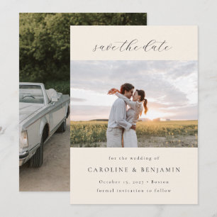 Elegant Minimalist Ivory Script Weddenschap Twee F Save The Date