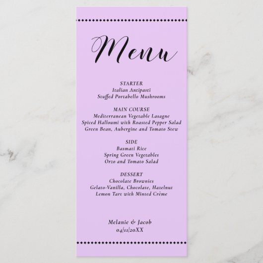 Elegant Minimalist Lavender Wedding Flat Menu Card (Voorkant)