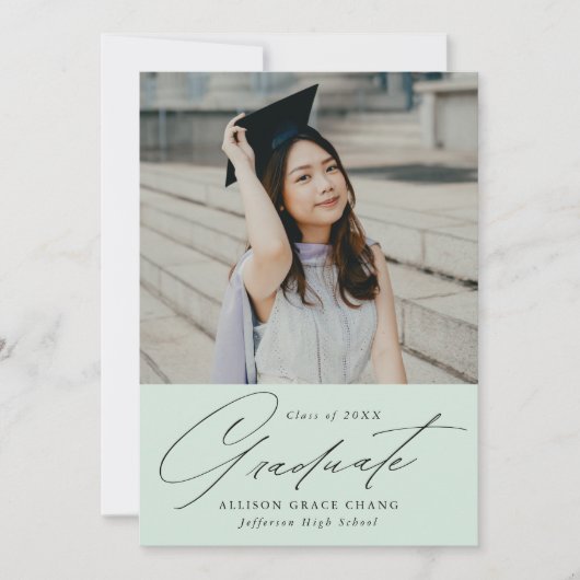 Elegant Minimalist Mint Green Photo Afstuderen Aankondiging (Voorkant)