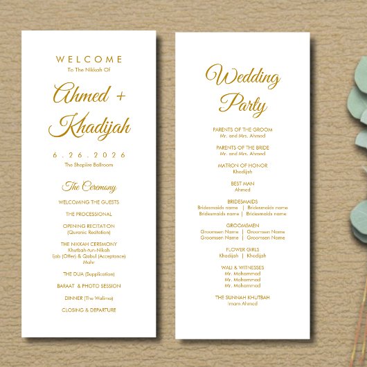 Elegant Minimalist Modern Islamic Wedding Program Programmakaart