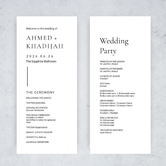 Elegant Minimalist Modern Islamic Wedding Program Programmakaart