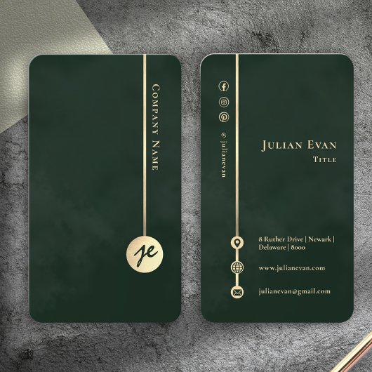 Elegant Minimalist Monogram Emerald Green & Gold Visitekaartje