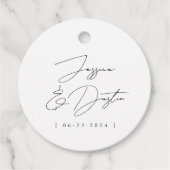 Elegant Minimalist Names Datum Black Script Weduwe Bedankjes Labels (Voorkant)