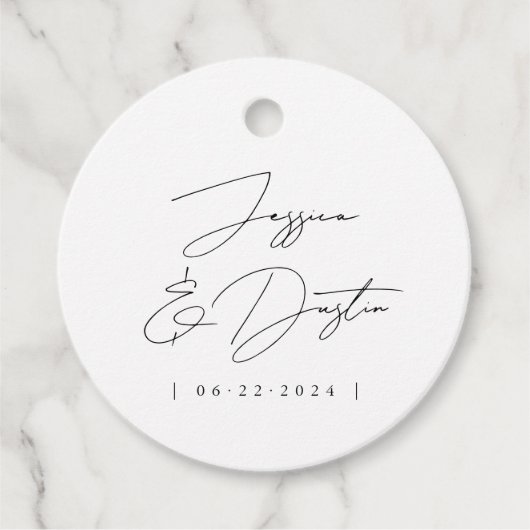 Elegant Minimalist Names Datum Black Script Weduwe Bedankjes Labels (Voorkant)