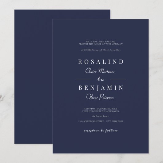 Elegant minimalist Navy Blue Typography Wedding Kaart (Voorkant / Achterkant)
