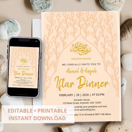 Elegant Minimalist Peach Floral Iftar Invitation Kaart