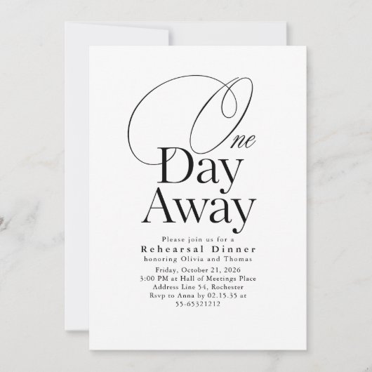 Elegant Minimalist Rehearsal Dinner One Day Away Kaart (Voorkant)