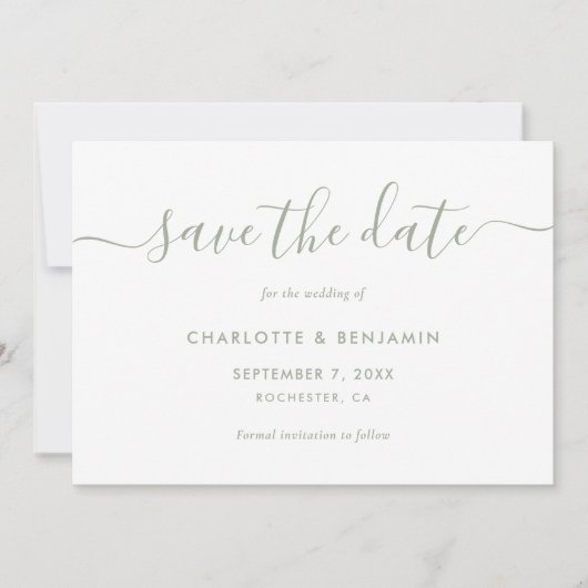 Elegant minimalist Sage Green Wedding Save The Date (Voorkant)