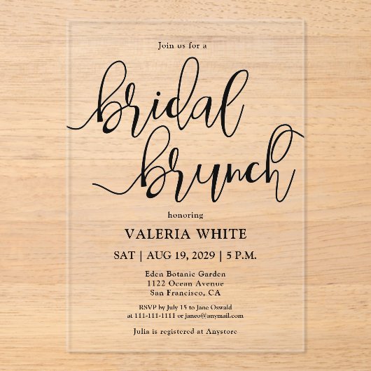 Elegant Minimalist Scriptgeschreeuw Bridal Brunch Acryl Uitnodigingen (Voorkant)