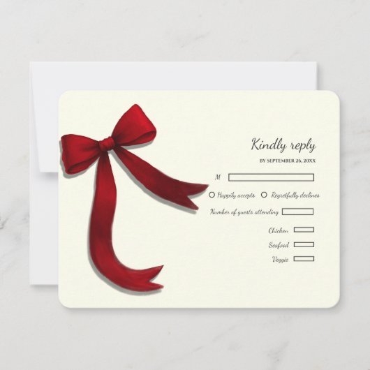 Elegant Minimalist Simple wedding red bow RSVP Car Kaartje (Voorkant)