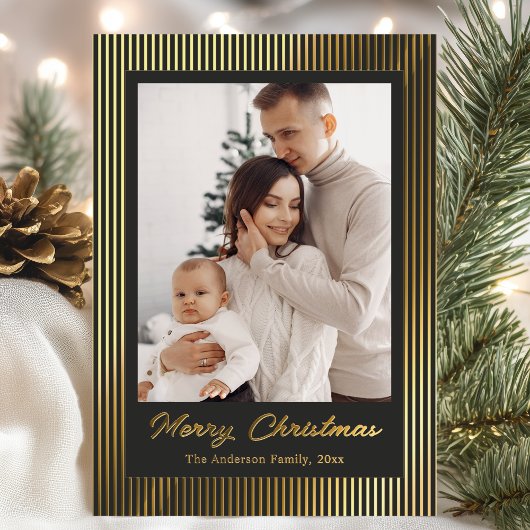 Elegant Minimalist Striped Black Christmas Holiday Folie Feestdagenkaart