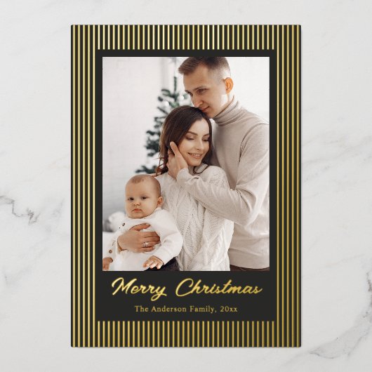 Elegant Minimalist Striped Black Christmas Holiday Folie Feestdagenkaart (Voorkant)