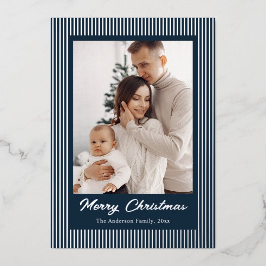 Elegant Minimalist Striped Navy Blue Christmas Folie Feestdagenkaart (Voorkant)