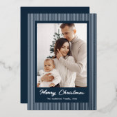 Elegant Minimalist Striped Navy Blue Christmas Folie Feestdagenkaart (Voorkant / Achterkant)