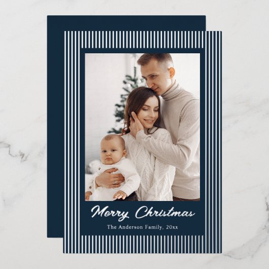 Elegant Minimalist Striped Navy Blue Christmas Folie Feestdagenkaart (Voorkant / Achterkant)