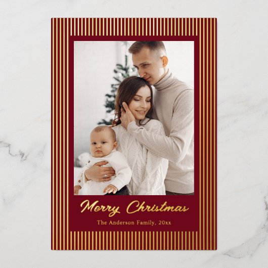Elegant Minimalist Striped Red Gold Christmas Folie Feestdagenkaart (Voorkant)