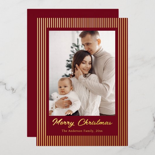 Elegant Minimalist Striped Red Gold Christmas Folie Feestdagenkaart (Voorkant / Achterkant)