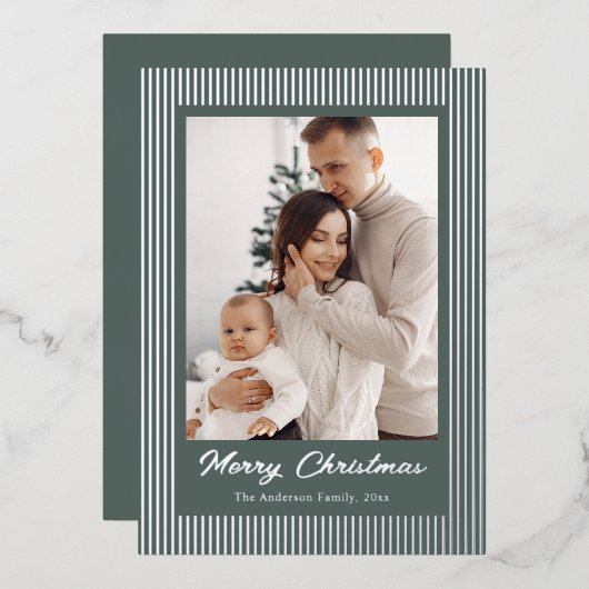 Elegant Minimalist Striped Sage Green Christmas Folie Feestdagenkaart (Voorkant / Achterkant)